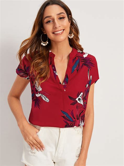 SHEIN Floral Print Notched Top | Floral print blouses, Blouses for women, Printed blouse