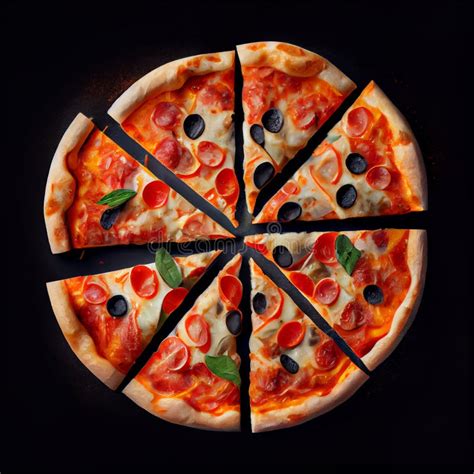 Perfect Cheesy Round Cut Sliced Pizza Slices on Black Background Fast Food Stock Illustration ...