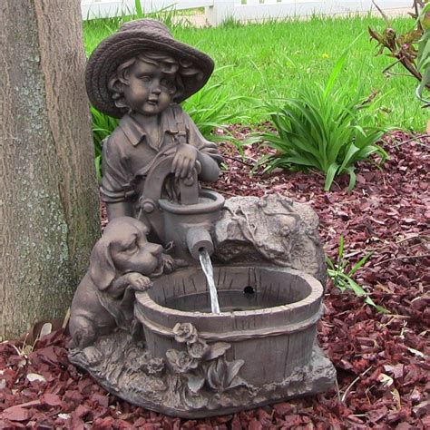 Sunnydaze Boy with Dog 15-Inch Solar Fountain with Battery Backup and ...