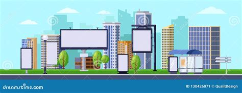 City Advertising Illustration. Vector Cityscape with Blank Billboards ...