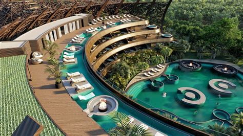 an artist's rendering of a resort with pools and lounges