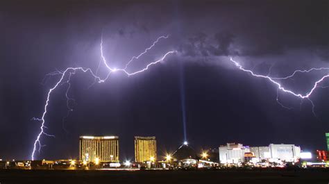 Monsoon lightning storm strikes over the Mandalay Bay Resorts and Casino and Luxor hotels in Las ...