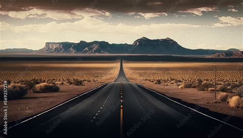 a long straight road in the middle of a desert with mountains in the background and clouds in ...