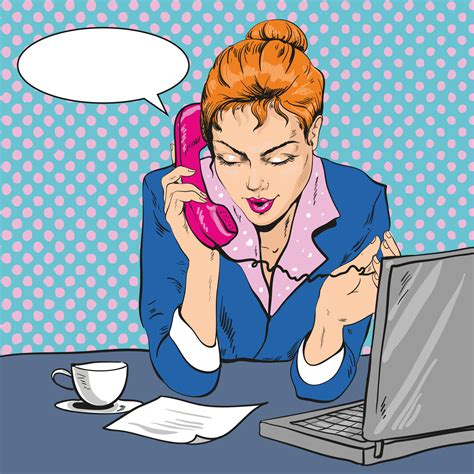 Vector Illustration of woman talking over the phone at office in retro pop art comic style ...