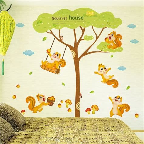 Squirrel Home Wall Decal Sticker Squirrel Playing under tree Wall Art Mural Kids Room Decor ...