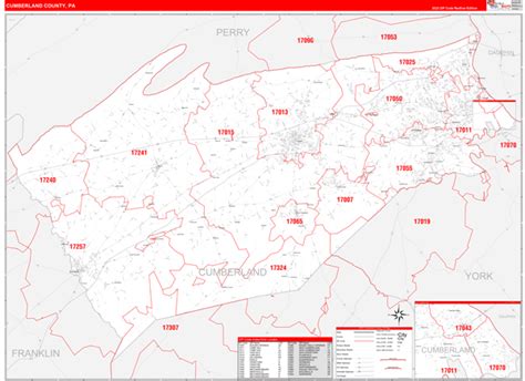 Cumberland County, PA Zip Code Wall Map Red Line Style by MarketMAPS - MapSales