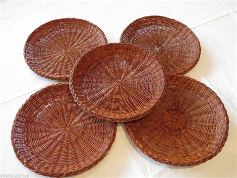 Country woven rattan wicker RARE 5 pack paper plate holders weave picnic vintag