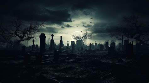 Creepy cemetery at night with haunted atmosphere evoking feelings of ...