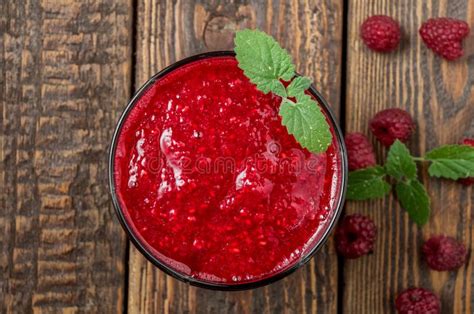 Smoothie with Raspberry and Mint on Dark Wood Table. Top View Stock Photo - Image of berry ...