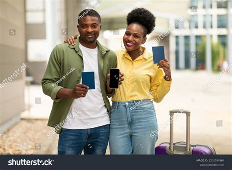 Happy African American Tourists Couple Showing Stock Photo 2201554369 ...