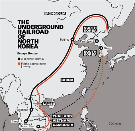 a map showing the underground railroad route in north korea, and where ...