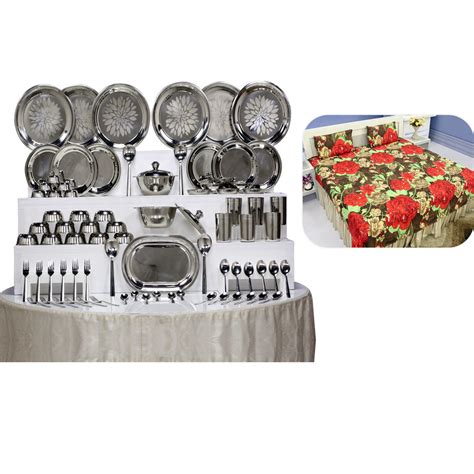 Buy 81 Pcs Stainless Steel Designer Dinner Set + Free Double Bedsheet with 2 Pillow Covers ...