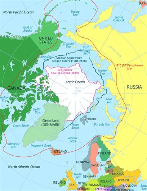 Map of the Arctic, with sea ice extent in September 2019 (pink line)... | Download Scientific ...