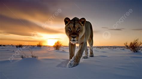 Lion Walking In A Snowy Field At Sunset Background, National Geographic Animal Picture ...