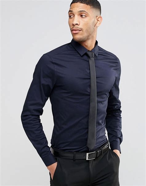 ASOS Cotton Skinny Shirt In Navy With Black Tie Save 15% in Blue for Men | Lyst UK