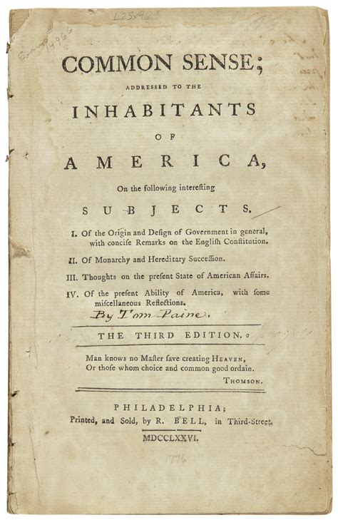 [Paine, Thomas]. Common Sense; Addressed to the Inhabitants of America . . . Philadelphia: R ...