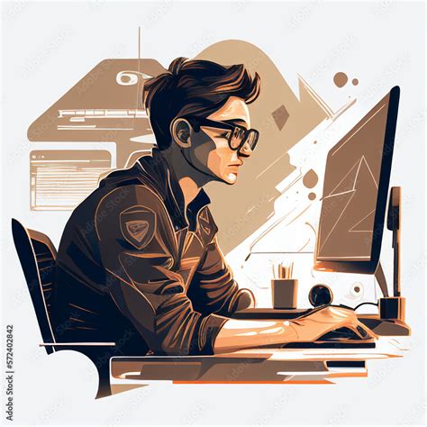 Human man graphic designer works at the office desk sketch cartoon design.Computer and web ...