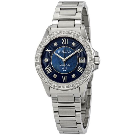 Bulova Marine Star Midnight Blue Mother of Pearl Diamond Dial Ladies ...