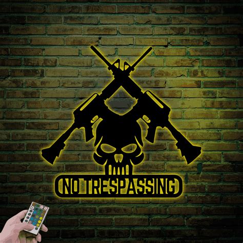 No Trespassing Gun Skull Metal Sign With Led Lights, No Trespassing Si ...