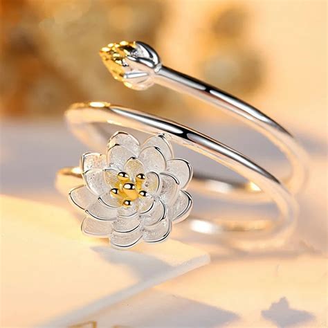 925 Silver Lotus Ring Silver Ring women Open Personality Simple Lotus ...