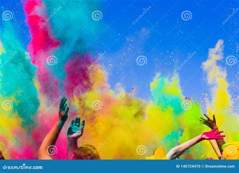 Crowd Throws Colored Powder at Holi Festival Stock Photo - Image of ...