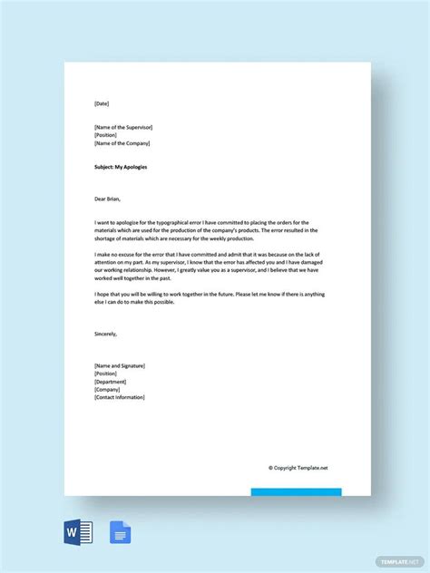 Apology Letter for Mistake in Work Template in Word, Google Docs, Pages ...