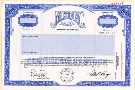 Mustang Ranch, Inc. (Brothel ) - Nevada 1990 - Scripophily.com | Collect Stocks and Bonds | Old ...