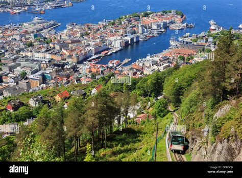 Aerial view of Floibanen funicular railway train and city around Stock Photo: 61368731 - Alamy