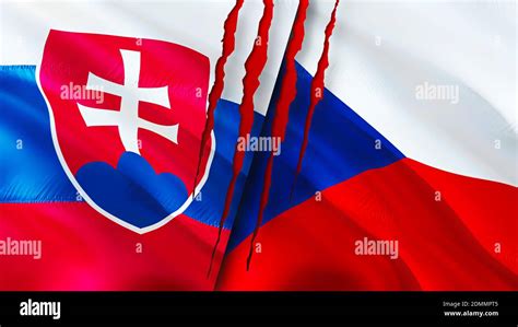 Slovakia and Czech flags with scar concept. Waving flag,3D rendering ...