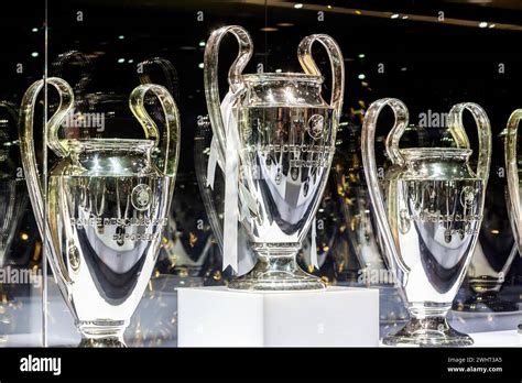 Champions League trophies at the museum of Real Madrid at Bernabeu ...