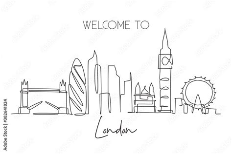 Single continuous line drawing of London city skyline. Famous city skyscraper landscape in world ...