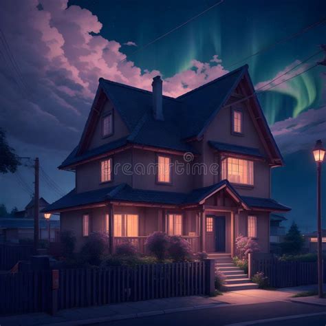 Image of a Anime Art Style of a Cozy Village Nestled in the Darkness, Illuminated by the Warm ...