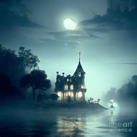 Haunted Mansion Ghost House at Night Scary Creepy Landscape Drawing v65 Digital Art by Furioso ...