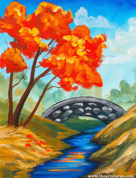 Fall Landscape with stream and Stone Bridge with stream in acrylic ...