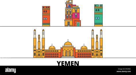 Yemen, Sanaa flat landmarks vector illustration. Yemen, Sanaa line city ...