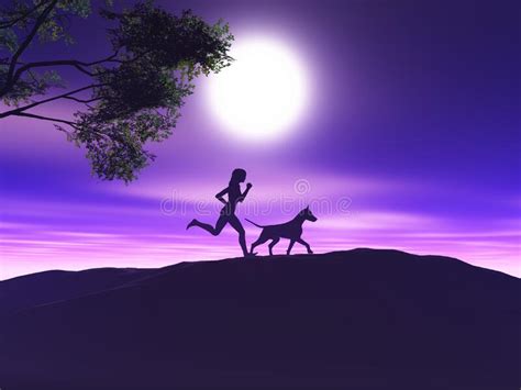 3D Landscape with Silhouette of Female Jogging with Her Dog Stock Illustration - Illustration of ...