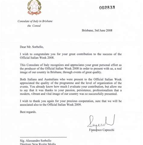 Alessandro Sorbello: Letter from the Italian Consulate