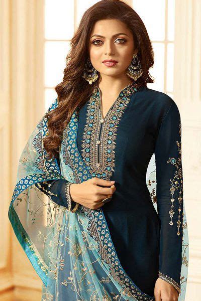 Buy Dark Teal Blue Churidar Salwar Kameez With Floral Embroidery In ...