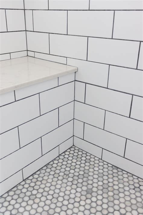 Master Bathroom Shower Subway Tile with Grey Grout Stone Bench Unique ...