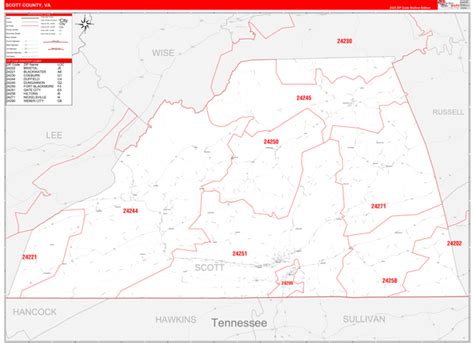 Scott County, VA Zip Code Wall Map Red Line Style by MarketMAPS - MapSales