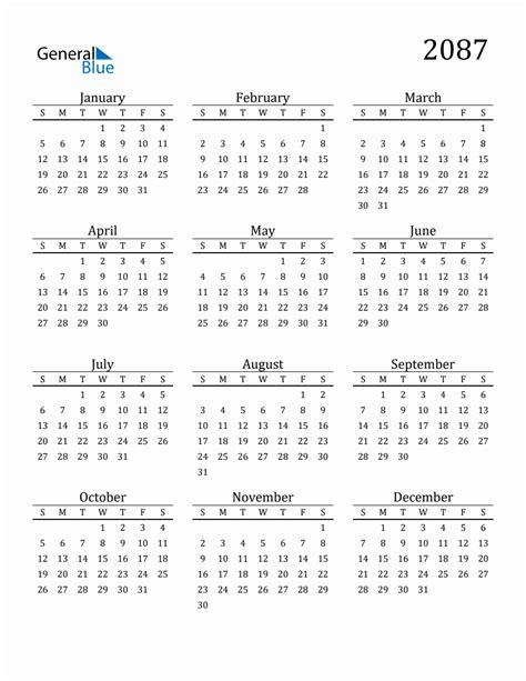 Year 2087 Free Printable 12-Month Calendar