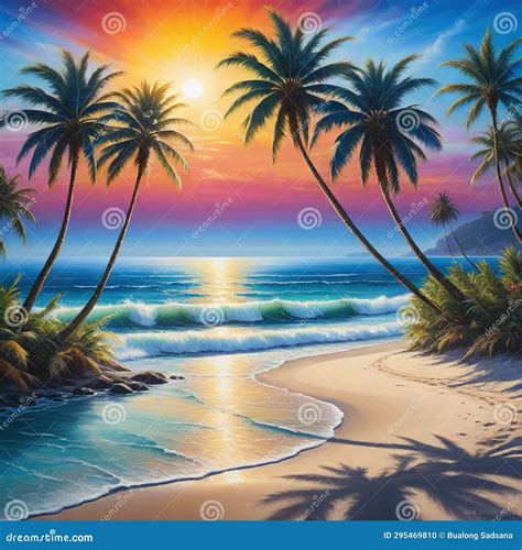 Painting of Palm Trees on Beach at Sunset with the Ocean in the ...