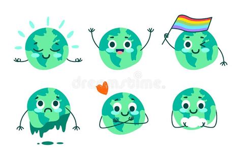 Cute Earth Illustration Set. Hand Drawn Vector with Different Funny Earth Actions. Stock Vector ...