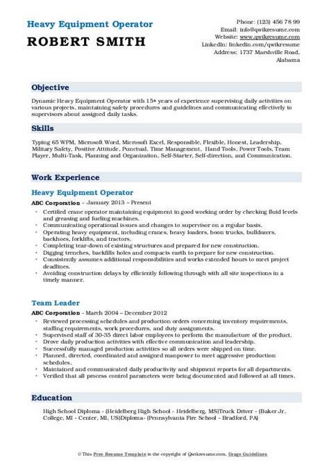 Heavy Equipment Operator Resume Samples | QwikResume