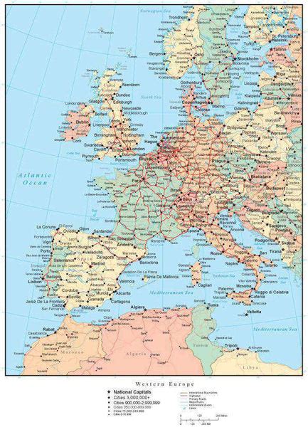 Western Europe Map with Countries, Cities, and Roads – Map Resources