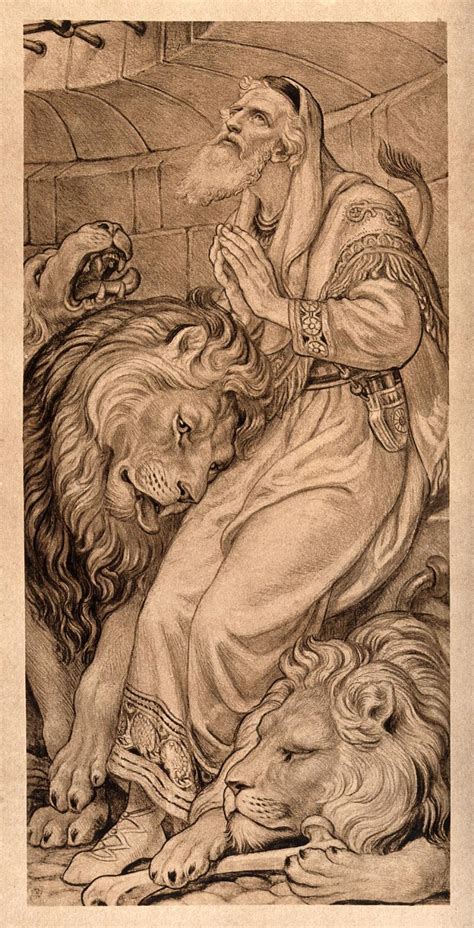 Daniel praying in the lion's den. Lithograph. | Wellcome Collection