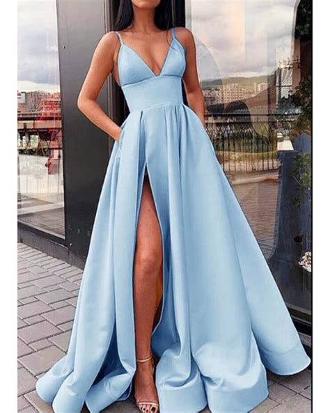 Elegant A Line Satin Baby Blue Prom Dress 2022 with Straps Ball Dress – Siaoryne