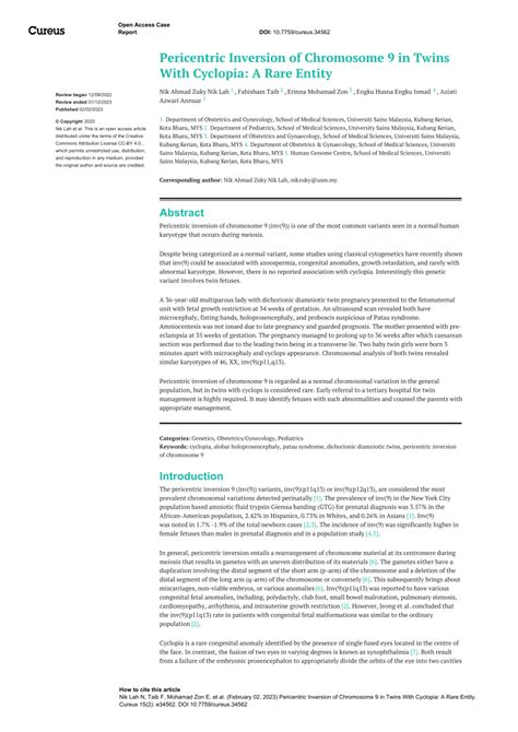 (PDF) Pericentric Inversion of Chromosome 9 in Twins With Cyclopia: A ...