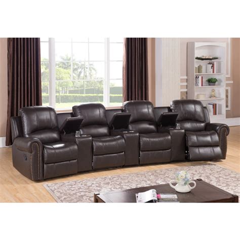 Shop Walden Four Seat Brown Top Grain Leather Recliner Home Theater ...