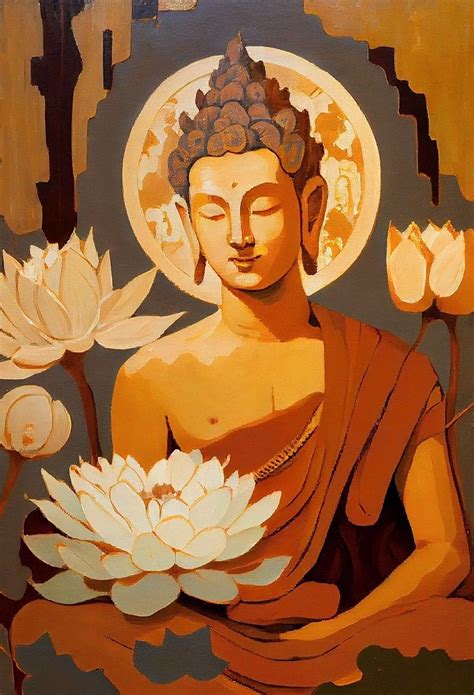 a painting of a buddha with flowers in front of it